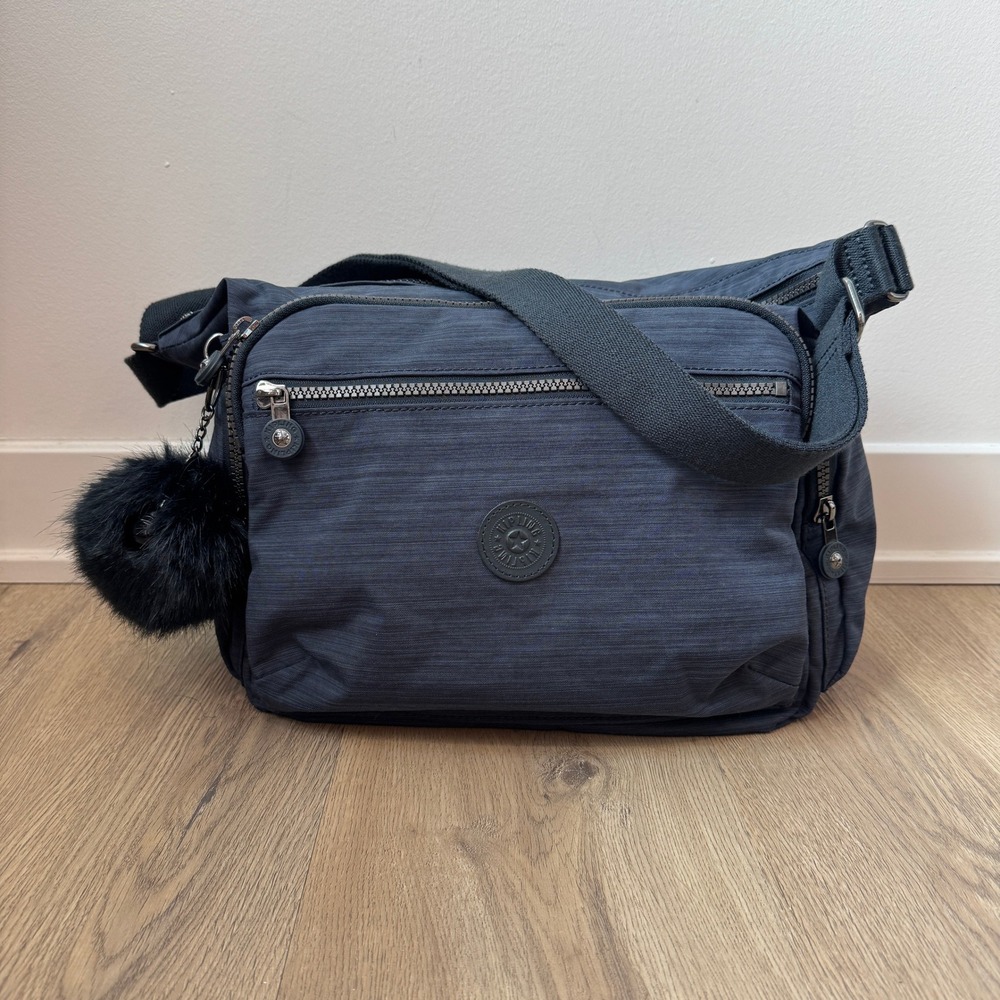 Kipling Gabbie Medium Crossbody Bag Navy Blue Heathered Nylon Multi-Pocket EUC